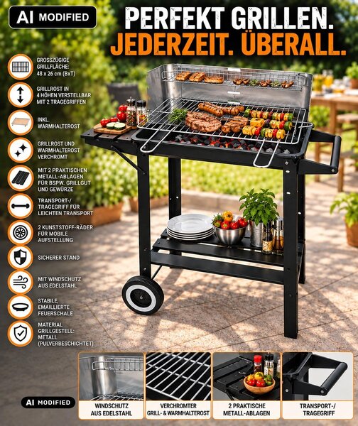 JW Barbecue rettangolare mobile Barbecue mobile Carrello barbecue 2751 nero