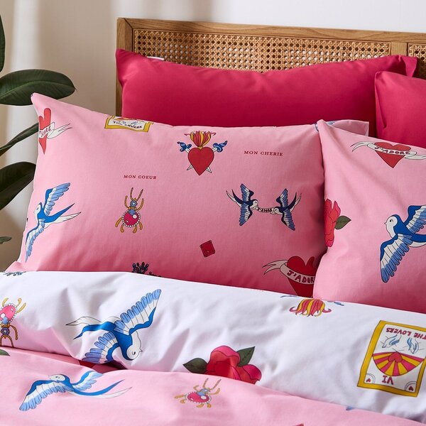 Set copripiumino e federa bianco e rosa in cotone per letto matrimoniale e per letto esteso 230x220 cm Mon Coeur – Their Nibs