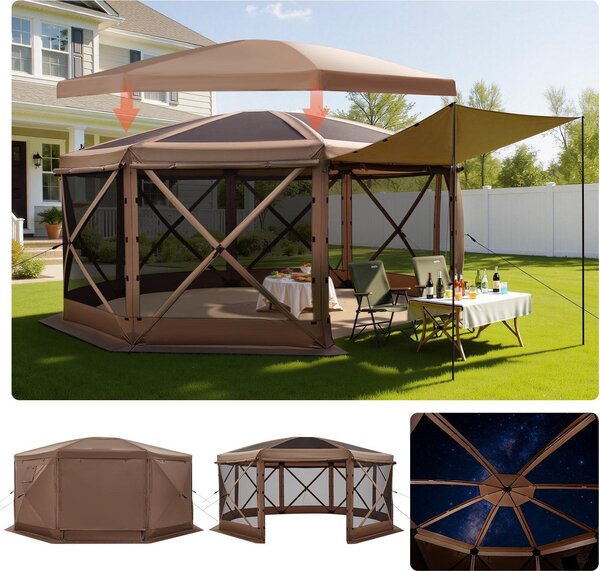 Gazebo pieghevole - Tenda party pop-up a 8 lati - Dimensioni 4,57 x 4,57 m - Per 12-15 persone - Tetto rimovibile - Con borsa di trasporto - Protezione solare - Per giardino e terrazza - Marrone