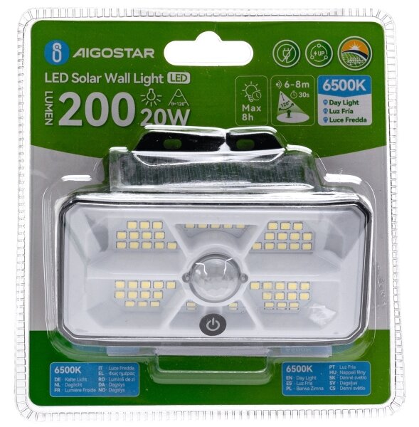 Aigostar - Lampada solare LED con sensore, LED/3,7 V, 6500 K, 500 mAh, IP65, nera