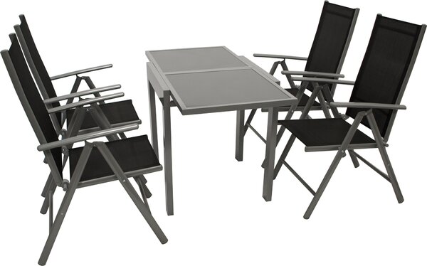 Set da giardino DEGAMO set da balcone set da giardino AMALFI 5 pezzi, 4x poltrona pieghevole 8 pieghevole regolabile alluminio + tessuto sintetico nero, tavolo allungabile 65/130x65cm alluminio + vetro grigio