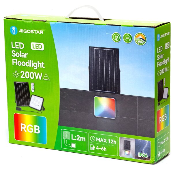Faro Led 200W Grigio con pannello solare IP66 RGB + Bianco freddo 6500K Dimmerabile con telecomando e con sensore crepuscolare Aigostar
