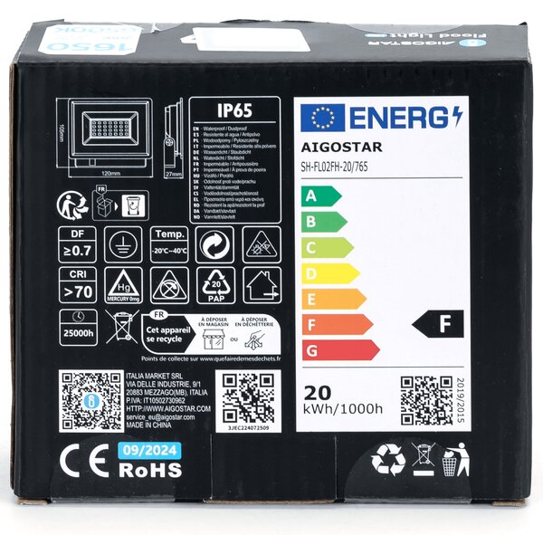 Faro proiettore Led 20W Bianco da esterno slim IP65 Bianco freddo 6500K Aigostar