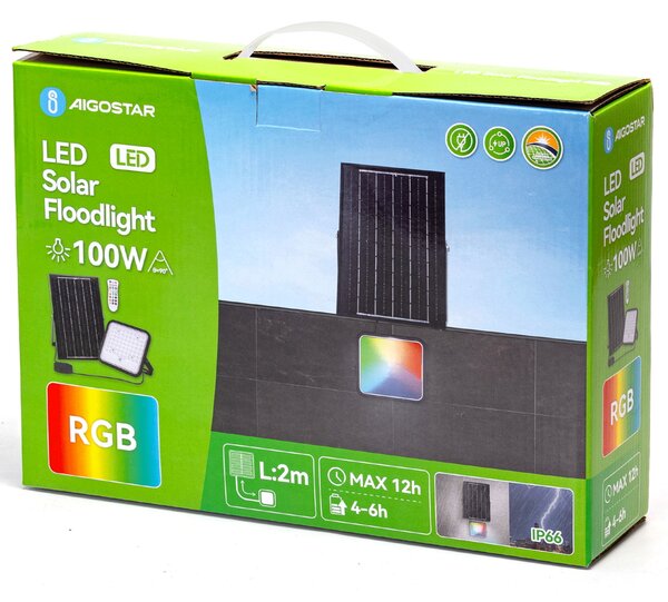 Faro Led 100W Grigio con pannello solare IP66 RGB + Bianco freddo 6500K Dimmerabile con telecomando e con sensore crepuscolare Aigostar