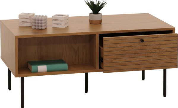 Tavolino da divano MCW-N78, tavolino per soggiorno, stile scandinavo, metallo, legno, melaminico, MVG, 45x100x50 cm, colore naturale