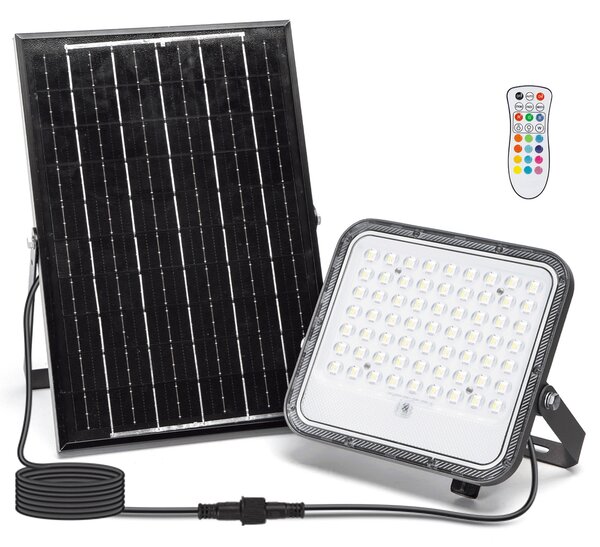Faro Led 100W Grigio con pannello solare IP66 RGB + Bianco freddo 6500K Dimmerabile con telecomando e con sensore crepuscolare Aigostar