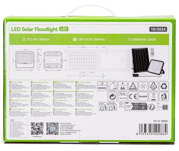 Faro Led 100W Grigio con pannello solare IP66 RGB + Bianco freddo 6500K Dimmerabile con telecomando e con sensore crepuscolare Aigostar