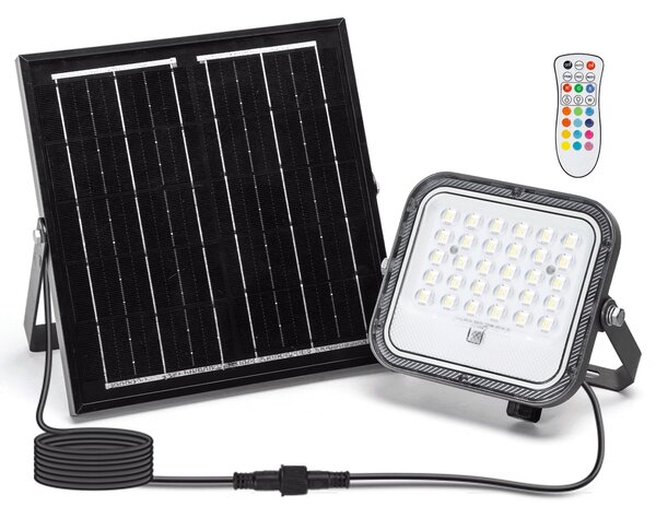 Faro Led 50W Grigio con pannello solare IP66 RGB + Bianco freddo 6500K Dimmerabile con telecomando e sensore crepuscolare Aigostar
