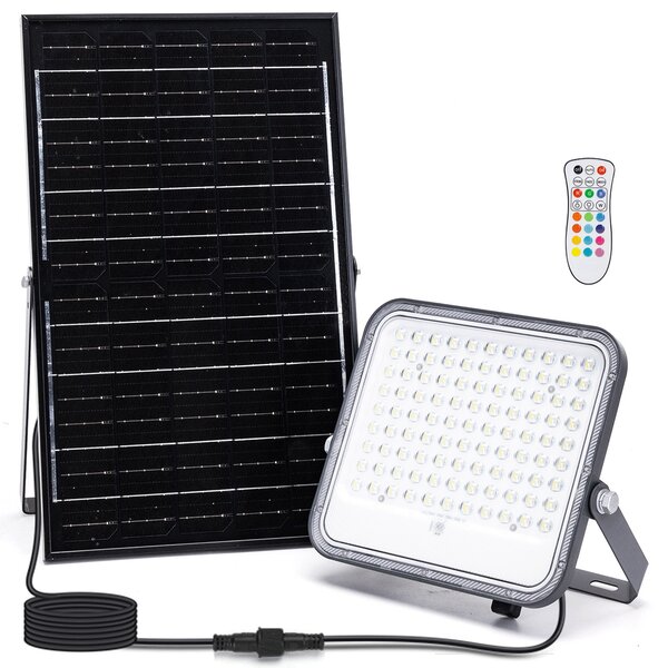 Faro Led 150W Grigio con pannello solare IP66 RGB + Bianco freddo 6500K Dimmerabile con telecomando e con sensore crepuscolare Aigostar