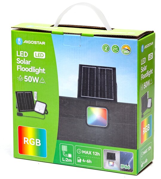Faro Led 50W Grigio con pannello solare IP66 RGB + Bianco freddo 6500K Dimmerabile con telecomando e sensore crepuscolare Aigostar