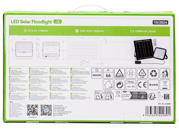 Faro Led 150W Grigio con pannello solare IP66 RGB + Bianco freddo 6500K Dimmerabile con telecomando e con sensore crepuscolare Aigostar