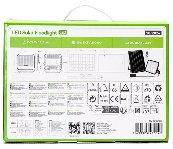 Faro Led 100W Grigio con pannello solare IP66 CCT temperatura colore regolabile Dimmerabile con telecomando e con sensore crepuscolare Aigostar