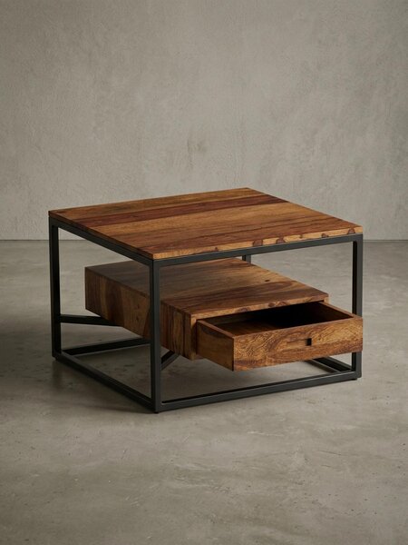 Tavolino moderno con cassetto, design quadrato, tavolino in legno massello di sheesham/metallo. 60x60x40 cm | Kadima Design