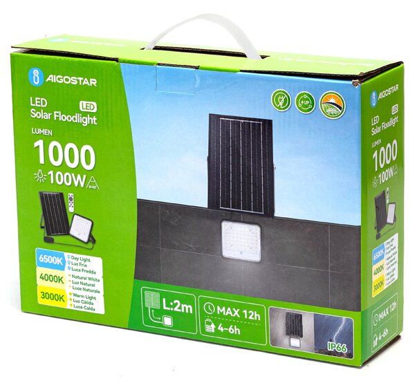 Faro Led 100W Grigio con pannello solare IP66 CCT temperatura colore regolabile Dimmerabile con telecomando e con sensore crepuscolare Aigostar