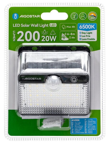 Applique Led 20W Nero con pannello solare IP65 Bianco freddo 6500K con sensore crepuscolare e di movimento Aigostar