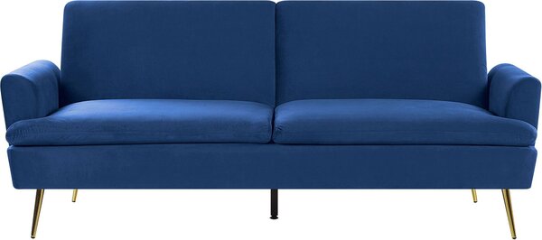 BELIANI Divano blu a 3 posti con funzione letto e gambe dorate in stile retrò