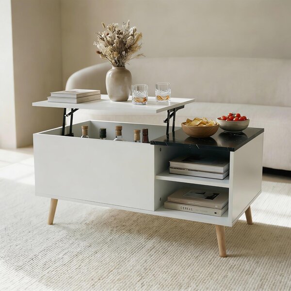 Tavolino MUSKA con piano sollevabile, 100 x 50 cm, bianco/nero – piano regolabile in altezza con spazio contenitivo, 2 scomparti aperti, gambe in legno massello, mobili moderni per il soggiorno