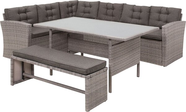 BELIANI Set di mobili da giardino in rattan grigio con vetro di sicurezza e cuscini inclusi 8 posti per terrazza all'aperto moderna