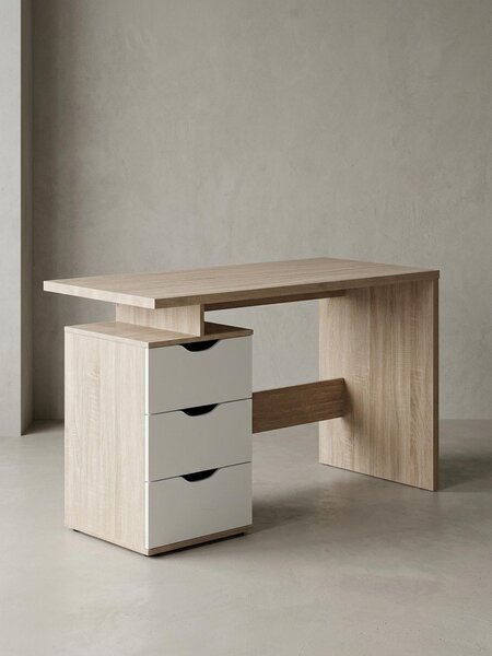 Scrivania "Karin" in bianco Sonoma, Elegante scrivania per computer con 3 cassetti. 120x53x76 cm | Kadima Design