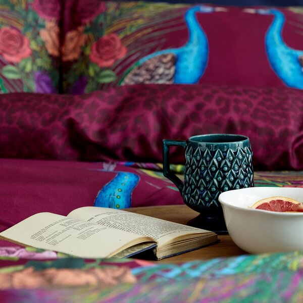 Set copripiumino e federa viola in raso di cotone per letto matrimoniale 200x200 cm Xanadu Peacock – Matthew Williamson