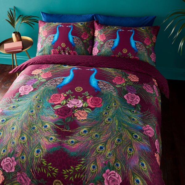 Set copripiumino e federa viola in raso di cotone per letto matrimoniale 200x200 cm Xanadu Peacock – Matthew Williamson