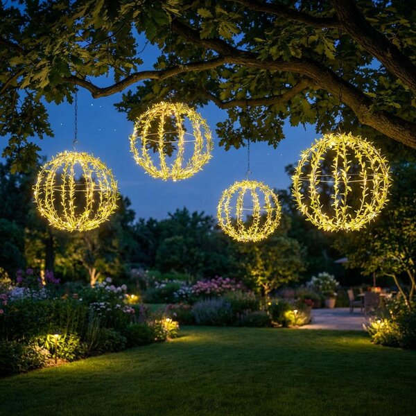 Set di 4 sfere luminose solari a forma di foglie - Sfera da giardino di Ø40 cm con 144 LED bianco caldo - Lampada da esterno IP44, inclusa picchetto da terra, gancio a S e pannello solare