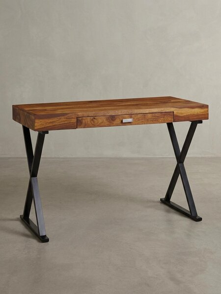 Scrivania in legno massello Sheesham, struttura in metallo a forma di X, cassetto. Nero, 120x55x78 cm | Kadima Design