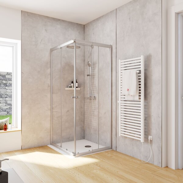 Cabina doccia Schulte Corner con ingresso angolare e porte scorrevoli, installazione su piatto doccia o piastrelle, vetro di sicurezza temperato da 4 mm, altezza: 180 cm, 90 x 75 cm, colore del profilo: argento, tipo di vetro: trasparente chiaro