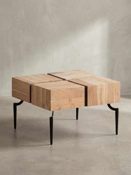 Tavolino in legno massello di acacia 60x60x40 cm quadrato con struttura in metallo, tavolino da salotto a forma di cubo, tavolino da salotto moderno, tavolino da caffè Cube marrone / nero