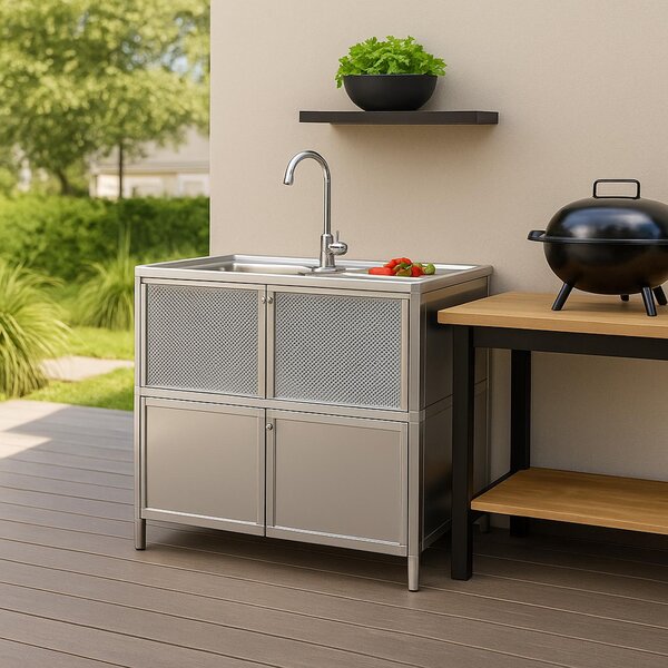 Lavello con piano di sgocciolamento e mobile sottolavello per cucina da esterno, color argento
