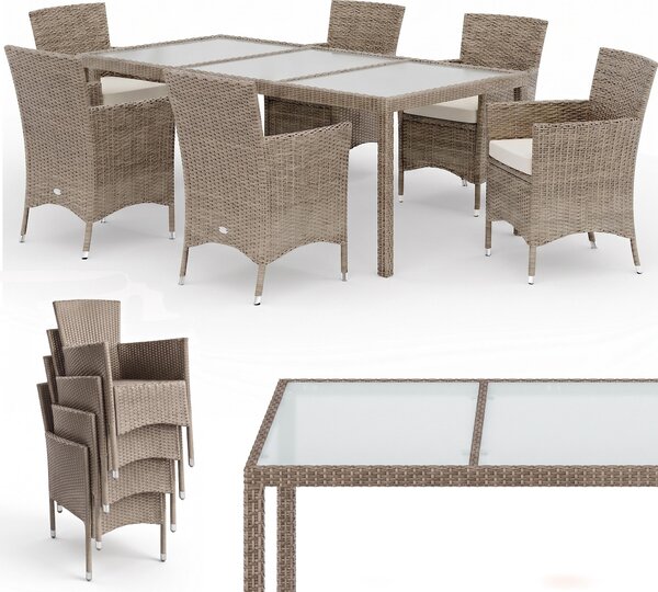 CASARIA® Set di mobili da giardino in polirattan, 7 pezzi, sedie impilabili, inclusi 7 cuscini da 190x90 cm, tavolo da giardino, adatti per terrazza, balcone, set da salotto, set da pranzo, colore crema