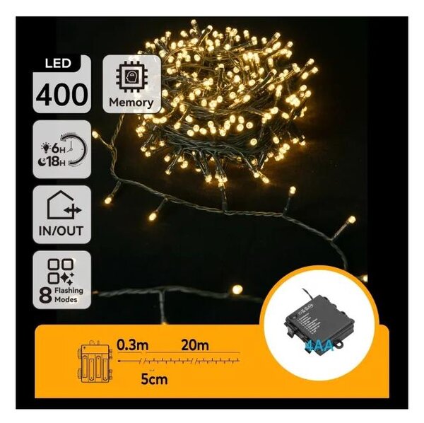 Aigostar - Catena luminosa natalizia LED per esterni 400 LED/8 funzioni 4 batterie AA 20,3 m bianco caldo
