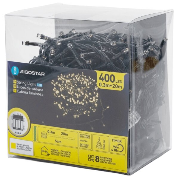 Aigostar - Catena luminosa natalizia LED per esterni 400 LED/8 funzioni 4 batterie AA 20,3 m bianco caldo