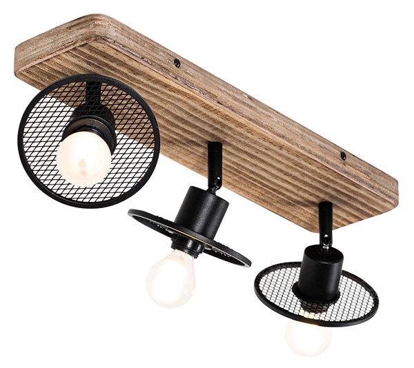 Faretto da soffitto industriale nero con legno 3 luci - Jasmine