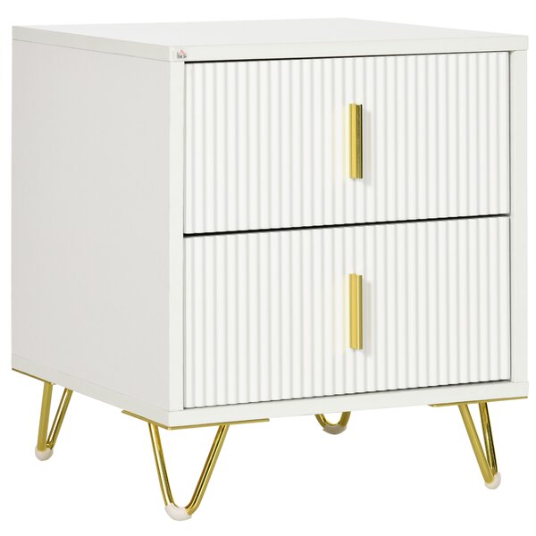 HOMCOM Comodino con 2 Cassetti, Maniglie e Gambe in Metallo, 40x40x47 cm, Bianco e Oro | Aosom Italy