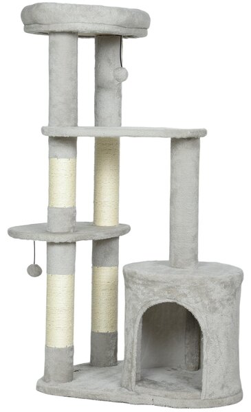 PawHut Tiragraffi a torre per gatti da 114 cm con cuccia, pali in sisal, piattaforma grigio chiaro