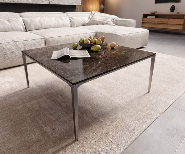DELIFE Tavolino Levente 85x85 cm Vetroceramica Emperador Extra Lucidato Marrone scuro Struttura in acciaio inossidabile argento