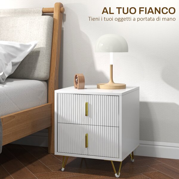 HOMCOM Comodino con 2 Cassetti, Maniglie e Gambe in Metallo, 40x40x47 cm, Bianco e Oro | Aosom Italy
