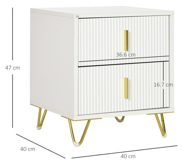 HOMCOM Comodino con 2 Cassetti, Maniglie e Gambe in Metallo, 40x40x47 cm, Bianco e Oro | Aosom Italy