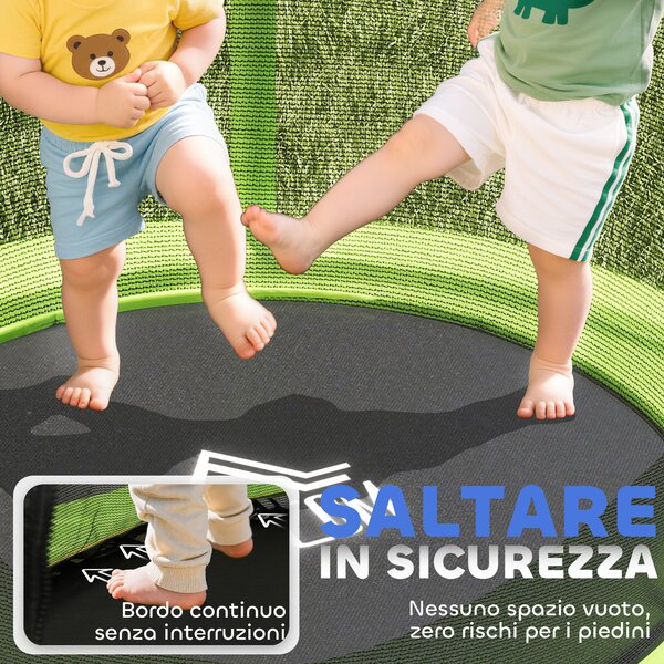 HOMCOM Tappeto Elastico per Bambini 3-6 Anni con Rete di Protezione, 6 Colonne e 3 Ingressi, Ø140x190 cm, Verde e Nero