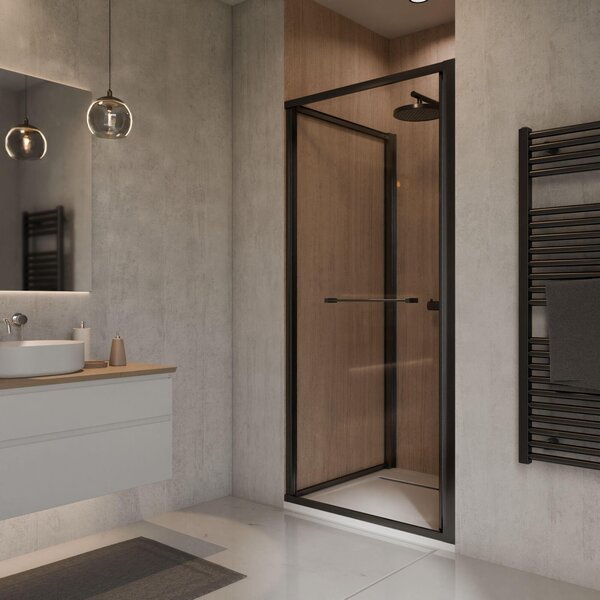 Porta scorrevole a battente Schulte per nicchia 80x190 cm Sunny, vetro di sicurezza temperato con rivestimento nano-technologico Fixil, profilo nero opaco, senza battuta
