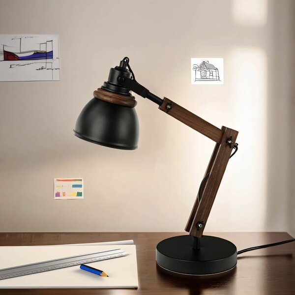 Lampada da tavolo nero naturale regolabile 52 cm legno metallo design retrò E14 lampada da tavolo NOAH