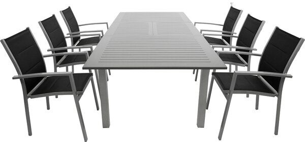 Set da giardino DEGAMO BAJAZZO, 7 pezzi, alluminio argento/grigio + tessuto sintetico nero, 6 poltrone impilabili, 1 tavolo allungabile 175/245 x 100 cm