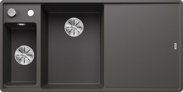 BLANCO AXIA III 6 S-F, SILGRANIT® PuraDur®, grigio roccia, vasca a sinistra, con tagliere in legno