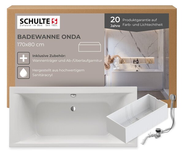 Vasca da bagno a forma di corpo Schulte modello Onda, acrilico sanitario bianco, 170x80 cm, altezza 58 cm, incl. set di supporti per vasca in schiuma rigida + scarico e troppopieno