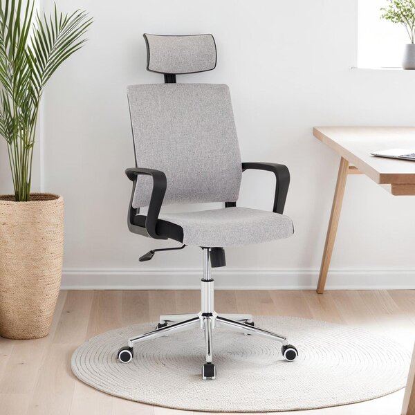 Sedia da ufficio girevole modello Herry, grigia, con poggiatesta e braccioli. Sedia da ufficio ergonomica con meccanismo di seduta regolabile, altezza regolabile e funzione di inclinazione