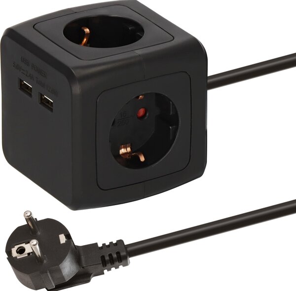 BAT Multipresa a cubo a 4 prese con 2 porte USB (multipresa con protezione anti-contatto rinforzata e cavo da 1,4 m) nera