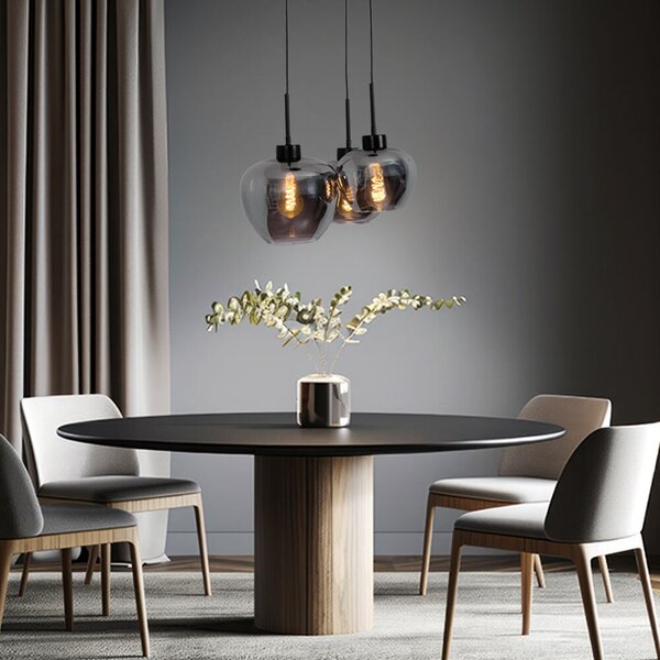 Lampada a sospensione, nero, vetro fumé, 3 fiamme, H 120 cm