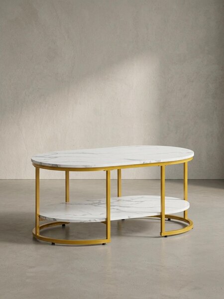 Tavolino da salotto 100x60x45 cm bianco con effetto marmo, tavolo da salotto di design rettangolare, tavolino da salotto con ripiano, tavolino da caffè moderno con struttura in metallo dorato