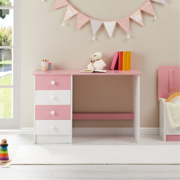 Scrivania ARNE, con 4 pratici cassetti, semplice scrivania per bambini in legno di pino massiccio, intramontabile scrivania per computer per tutte le età in bianco/rosa